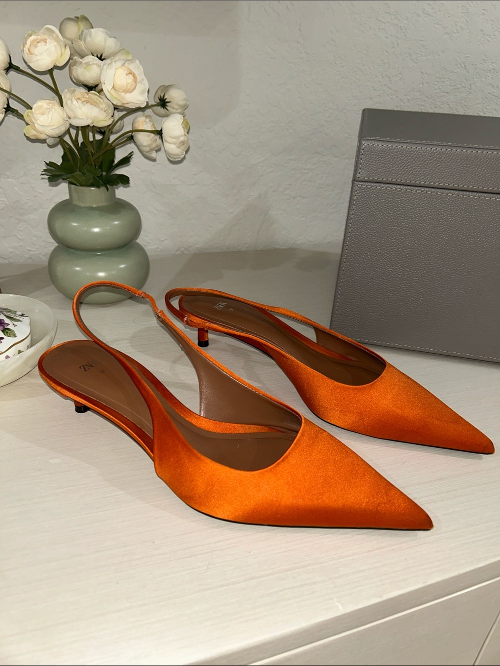 Zara Orange Satin Pointed Slingback Kitten Heels